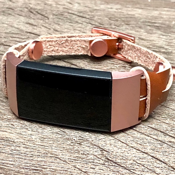 Brown Leather Strap Rose Gold Fitbit Charge 3 Band - Picture 6 of 8